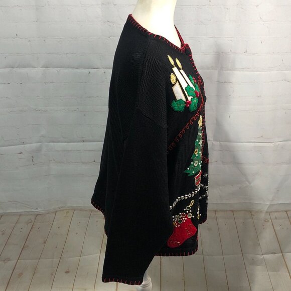 Victoria Jones Embroidered Christmas Cardigan Black Beaded Embellishments Size L - Picture 4 of 15